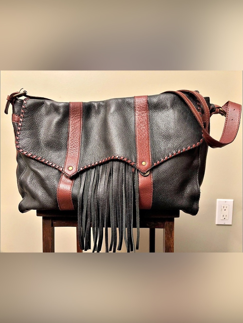 Muxo by Camilla Alves Fringe Leather Hobo in Black & Brown